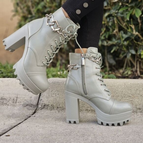 Women's Platform Heel Boots Chunky Ankle Lace Up Olive Color - Picture 2 of 6